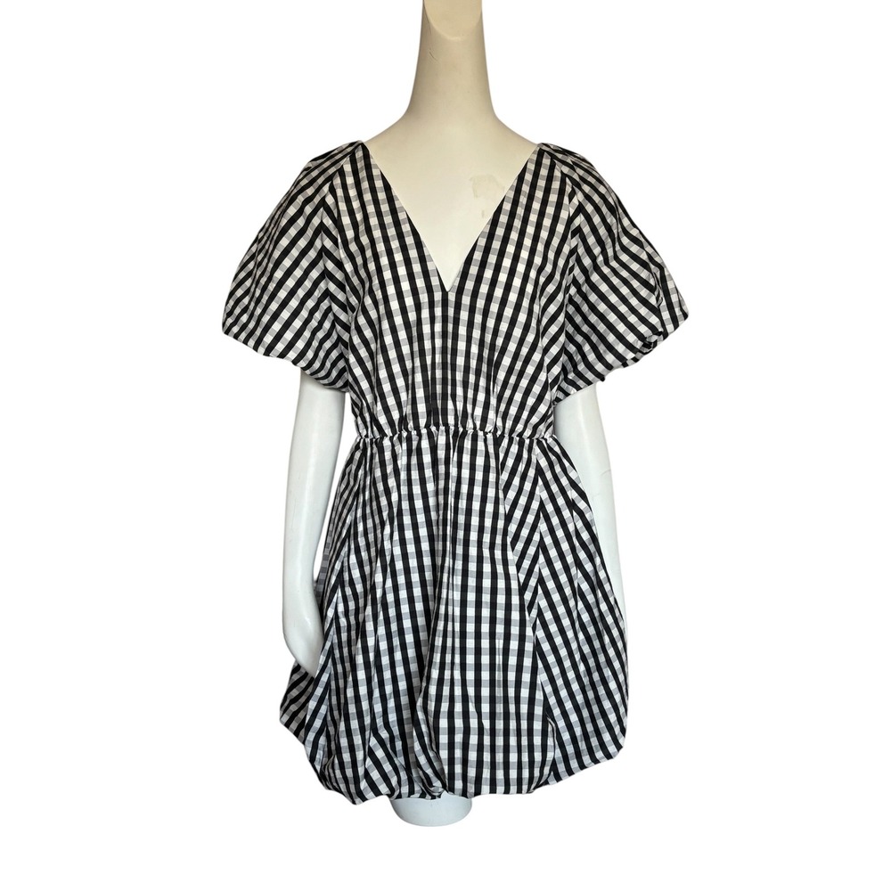 HM Gingham Puff Sleeve Bubble Hem Mini Dress Black White Checker Large NWTNWT